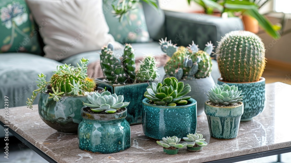 Chic floral arrangement with lovely plants cacti and succulents in trendy pots on marble coffee table Green botanical living space Indoor gardening idea Template Blooming flora Chic floral arrangement with lovely plants cacti and succulents in trendy pots on marble coffee table Green botanical living space Indoor gardening idea Template Blooming flora