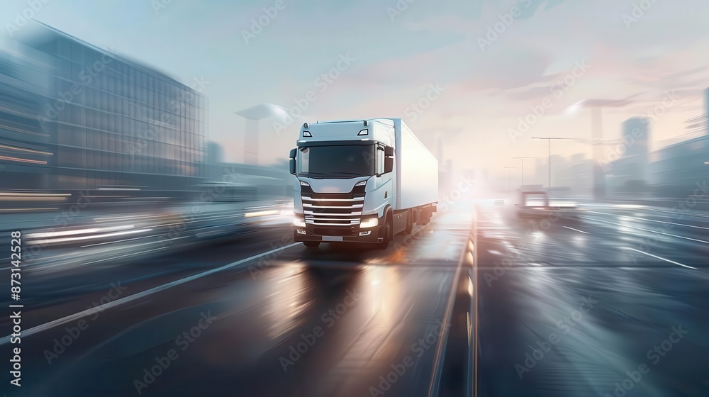 A white semi truck drives down a wet highway at dusk. A white semi truck drives down a wet highway at dusk.