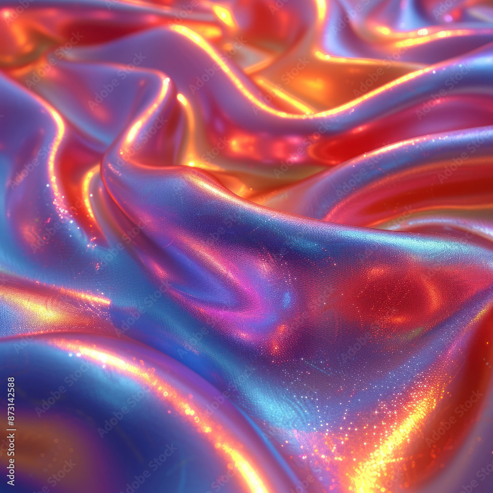 Fototapeta premium Metallic 3D abstract silk cloth 3D futuristic cyberpunk hyper realism detailed isolated colorful reflective holographic flow silk gold iridescence glowing background.