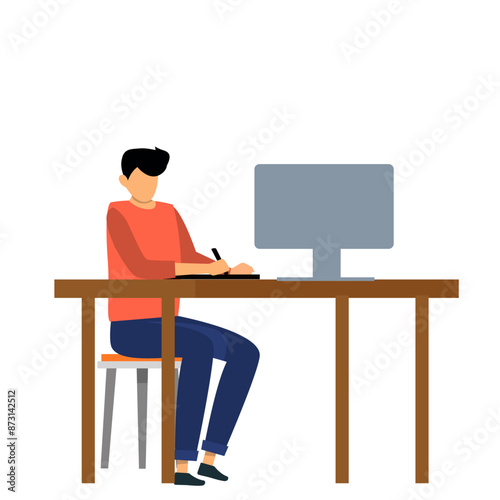 Man working on computer at home. Work from home concept. Vector illustration.