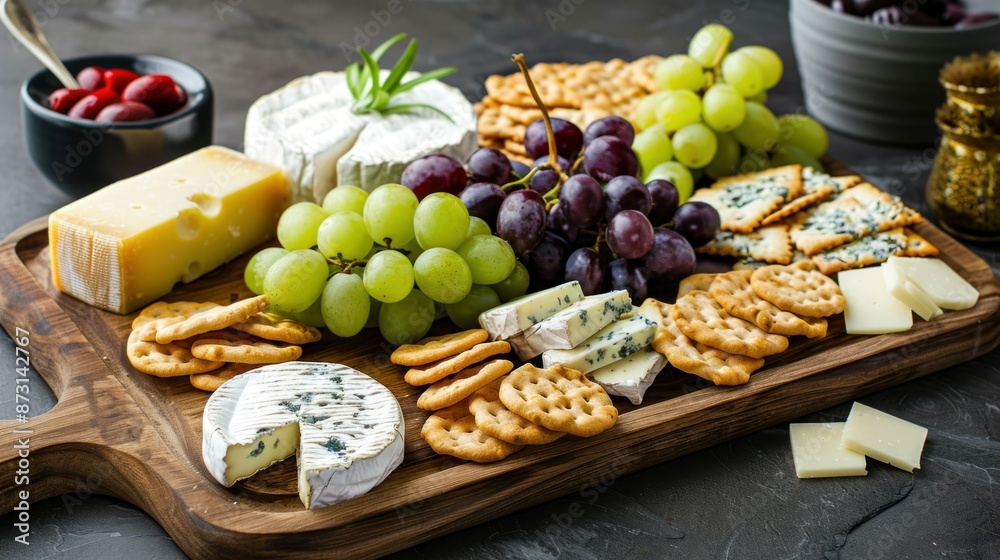Cheese and Grapes Platter with Crackers on a Wooden Board Cheese and Grapes Platter with Crackers on a Wooden Board