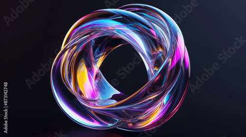 abstract 3D metallic spiral futuristic cyberpunk hyper realism detailed isolated colorful metallic reflective holographic flow iridescence isolated on black background.