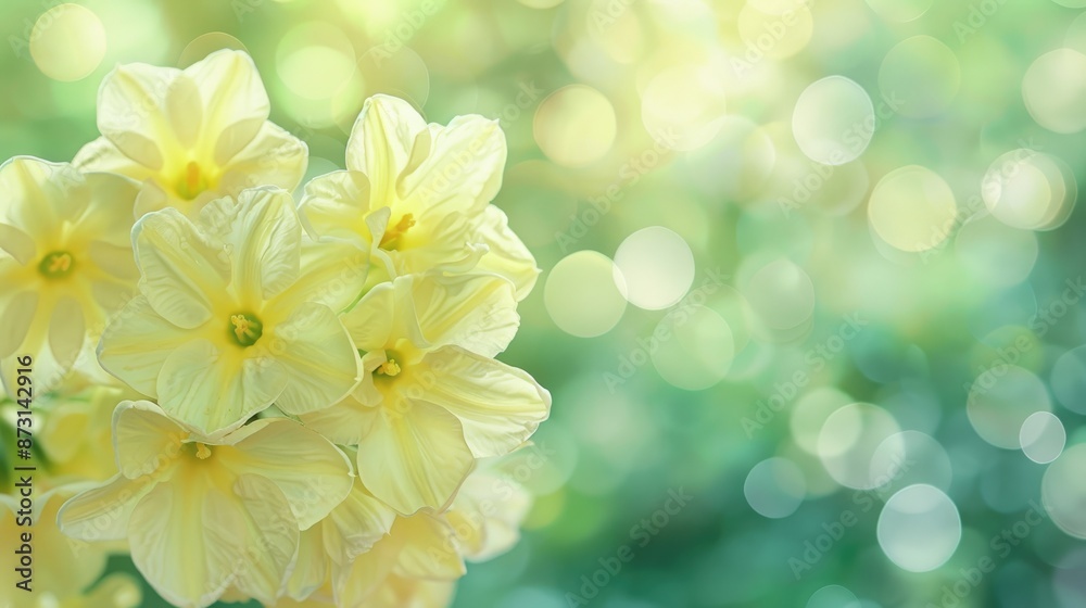 Macro close up of light yellow spring flowers with green bokeh and copy space Macro close up of light yellow spring flowers with green bokeh and copy space