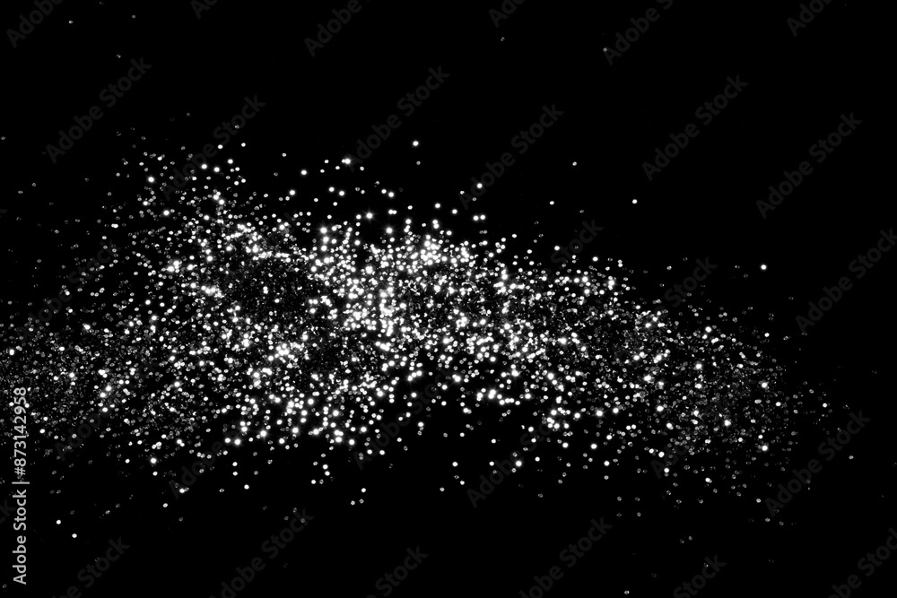 White gray blurred bokeh lights on black background. Glitter sparkle stars for celebrate. Overlay for your design