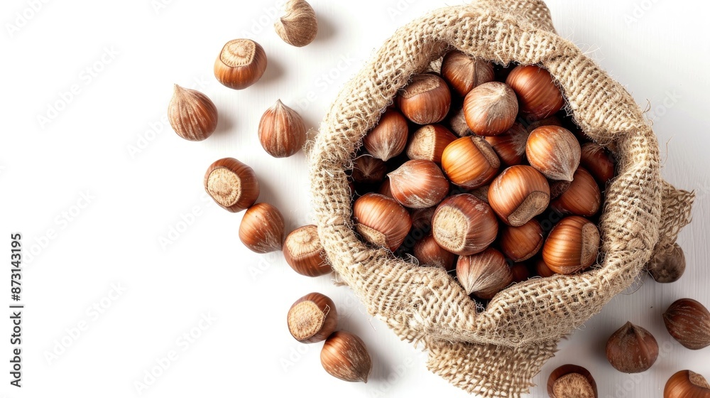 Hazelnuts in a sack isolated on white top view with space for text Hazelnuts in a sack isolated on white top view with space for text