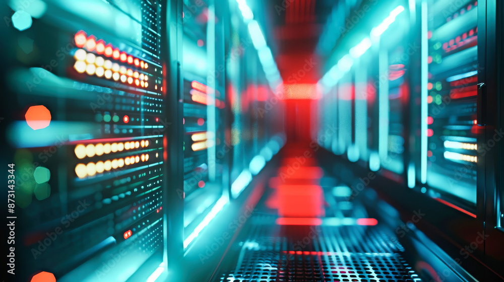 A row of computer servers in a data center. Concept of cyberspace, communication and technology. A row of computer servers in a data center. Concept of cyberspace, communication and technology.