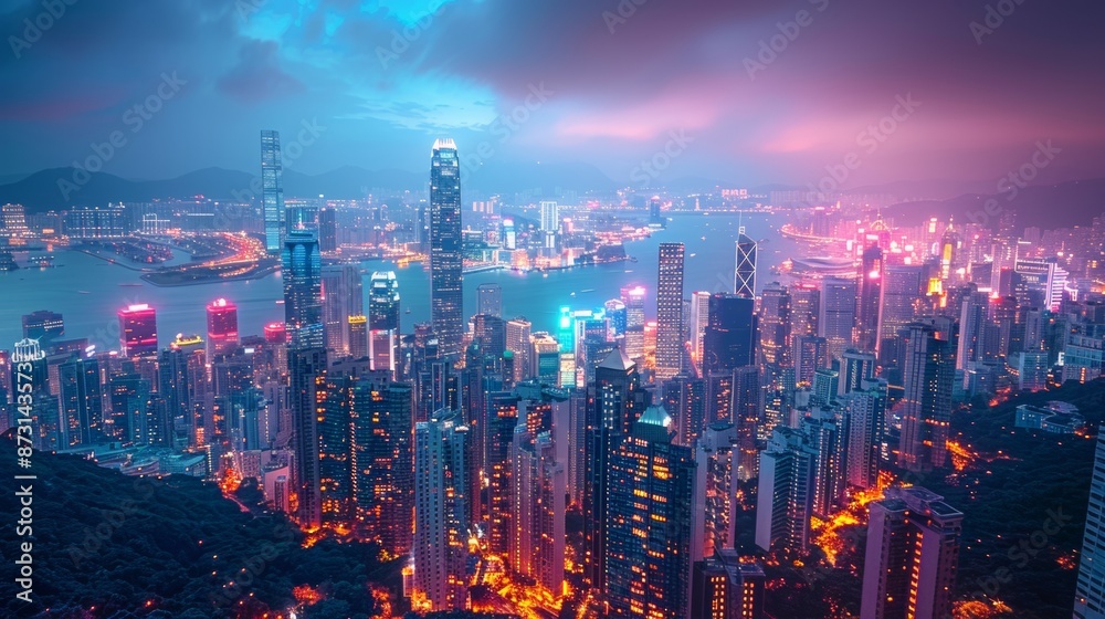 Fototapeta premium Glittering urban oasis: Neon-lit skyscrapers cast a captivating glow over the rain-soaked streets.