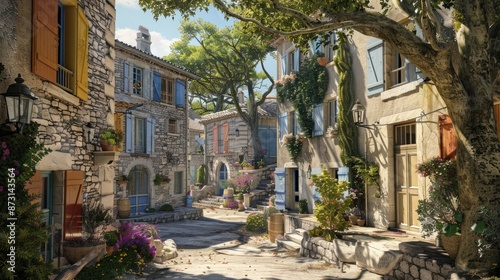 A charming Provencal village with narrow winding streets, stone houses adorned with colorful shutters, and a central square shaded by ancient plane trees.