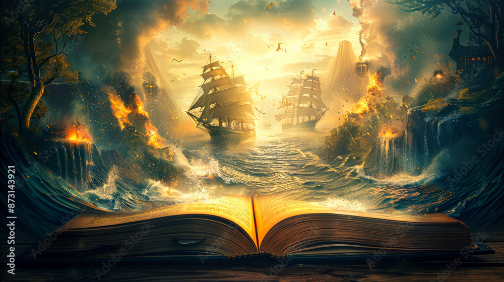 Obraz premium An open magic book with a fairy tale landscape in background