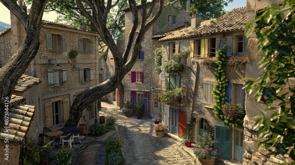 Fototapeta premium A charming Provencal village with narrow winding streets, stone houses adorned with colorful shutters, and a central square shaded by ancient plane trees.