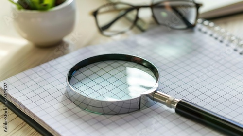 White office items with magnifying glass on white desk highlighting space on notebook with grid lines