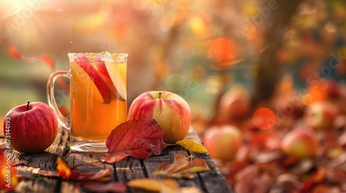 Fototapeta Naklejka Na Ścianę i Meble -  Glass of apple cider and apples on wooden table with fall backdrop