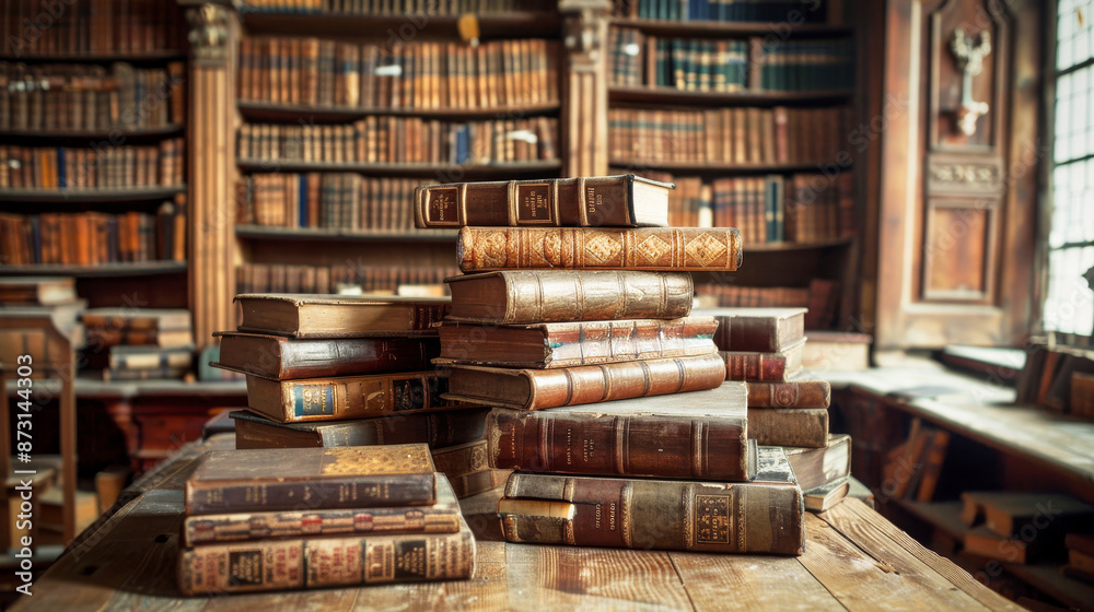 A pile of old books on an old table in an old library A pile of old books on an old table in an old library