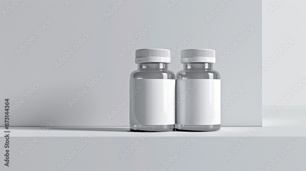 Minimalistic close-up of two prescription bottles with blank labels, placed on a sleek white table, illustration background Minimalistic close-up of two prescription bottles with blank labels, placed on a sleek white table, illustration background