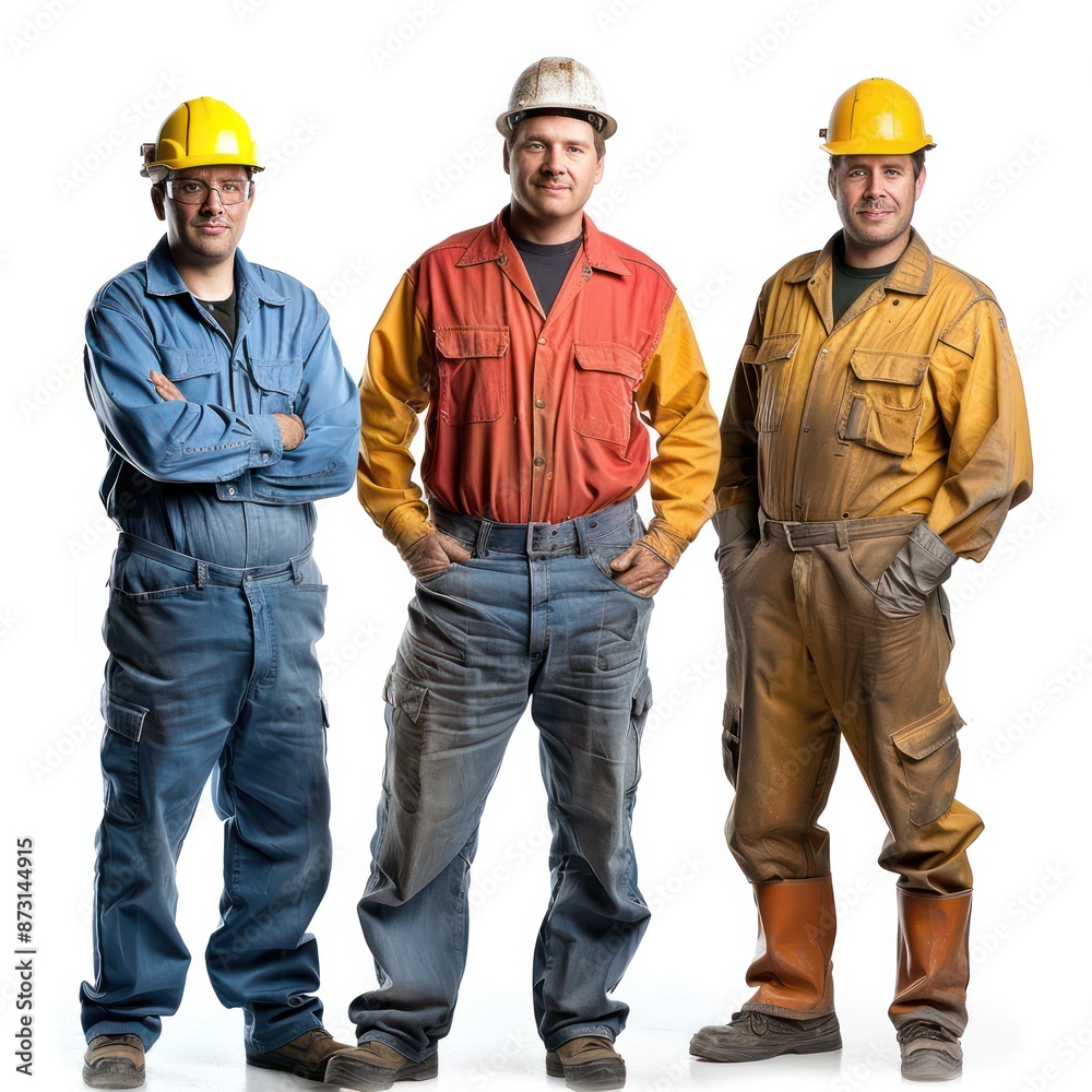 Three men in construction gear pose for a photo Three men in construction gear pose for a photo