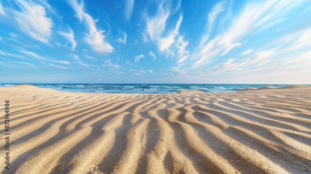 Pattern of wind blown waves on sand with blue sky view Pattern of wind blown waves on sand with blue sky view