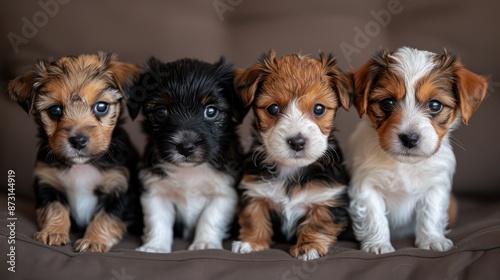 A group of puppies are sitting on a wooden surface