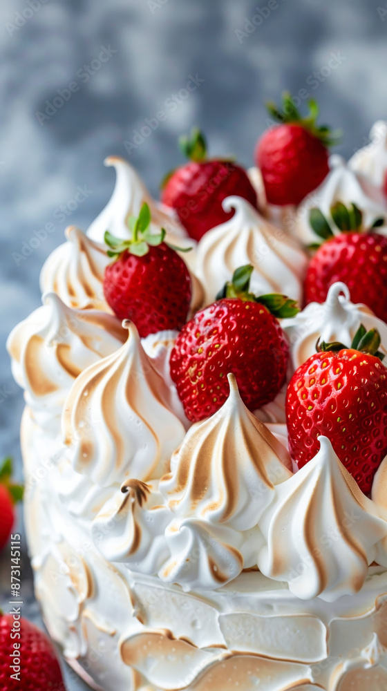 A tasty strawberry meringue cake with cream and strawberries on a grey background A tasty strawberry meringue cake with cream and strawberries on a grey background