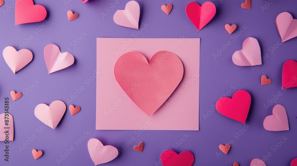 Pink heart paper surrounded by small hearts on purple backdrop Pink heart paper surrounded by small hearts on purple backdrop