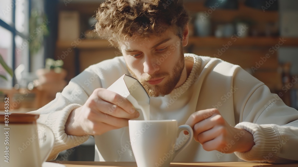 Pensive Young Man Enjoying Coffee While Focusing on Work at His Desk Pensive Young Man Enjoying Coffee While Focusing on Work at His Desk