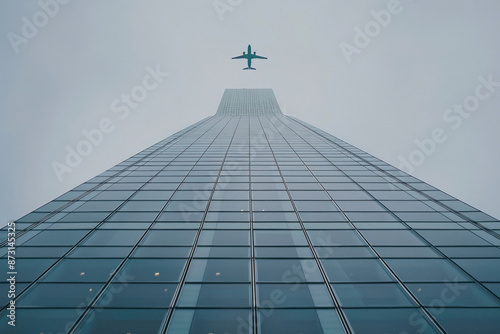 Airplane flying over the roof of modern building