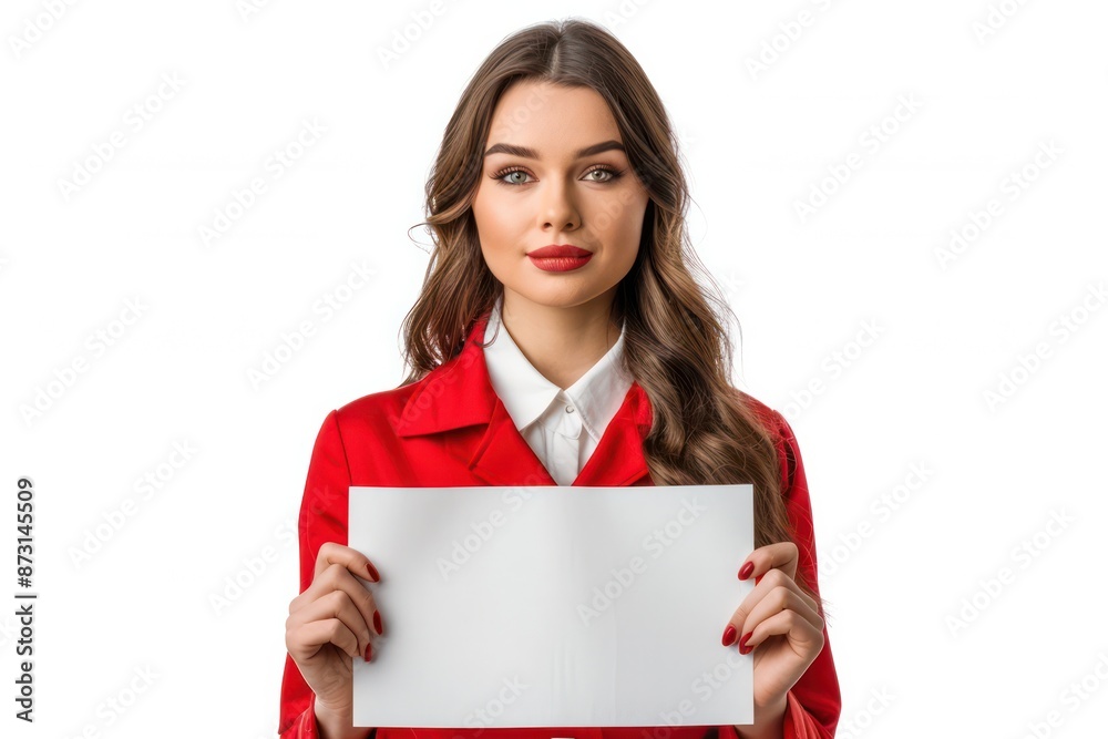 A woman in a red jacket holding a white sign A woman in a red jacket holding a white sign
