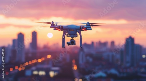 Drone Flying Over Cityscape at Sunset © Lisa_Art