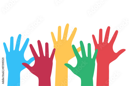 Colorful hands up. Volunteering concept, charity organization, teamwork. Vector illustration.