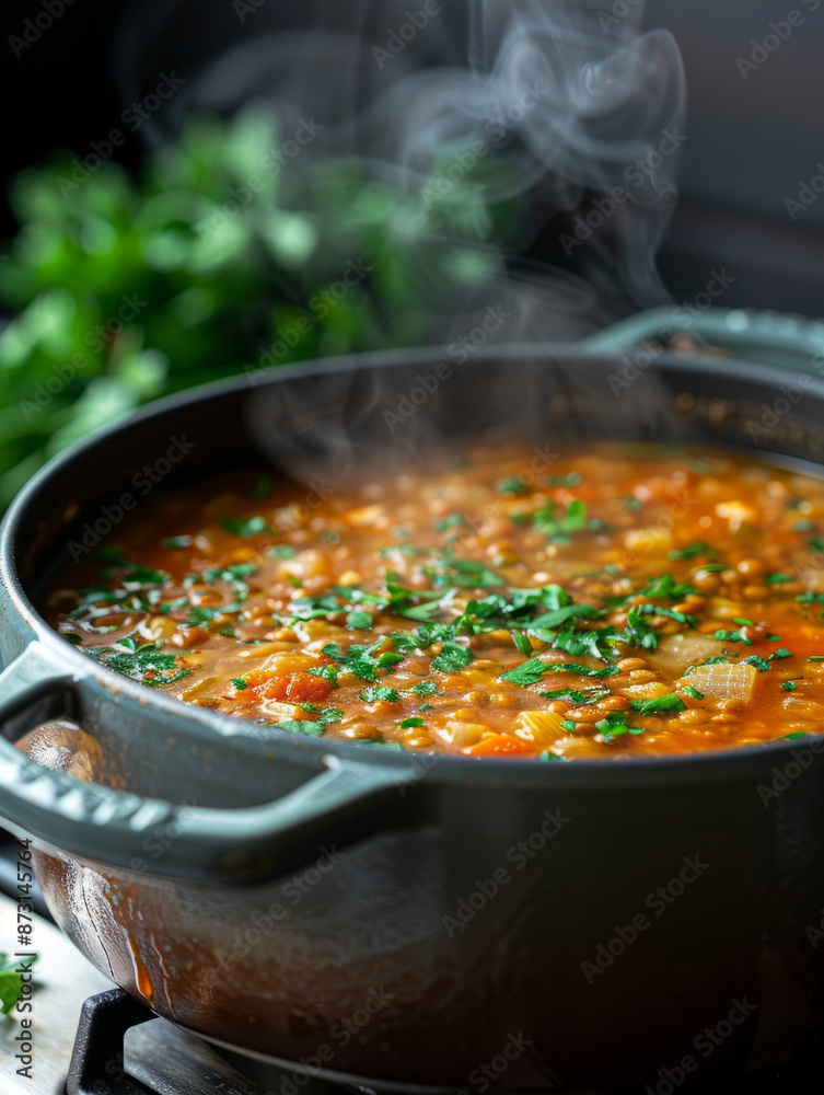 Steaming hot soup in a pot with fresh herbs on top. Steaming hot soup in a pot with fresh herbs on top.