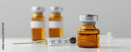 Close-up of four vials filled with a yellow liquid, representing testosterone, trenbolone, and nandrolone steroids, alongside a syringe  photo