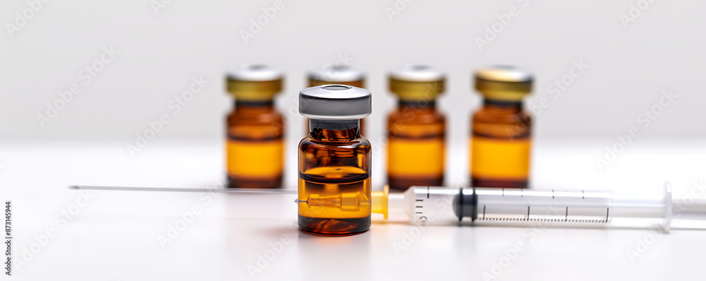 Close-up of four vials filled with a yellow liquid, representing testosterone, trenbolone, and nandrolone steroids, alongside a syringe Close-up of four vials filled with a yellow liquid, representing testosterone, trenbolone, and nandrolone steroids, alongside a syringe