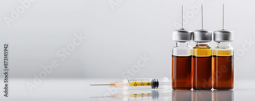 Close-up of four vials filled with a yellow liquid, representing testosterone, trenbolone, and nandrolone steroids, alongside a syringe  photo