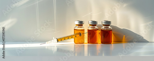 Close-up of four vials filled with a yellow liquid, representing testosterone, trenbolone, and nandrolone steroids, alongside a syringe  photo