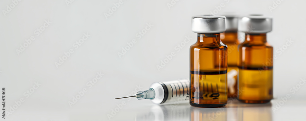 Close-up of four vials filled with a yellow liquid, representing testosterone, trenbolone, and nandrolone steroids, alongside a syringe Close-up of four vials filled with a yellow liquid, representing testosterone, trenbolone, and nandrolone steroids, alongside a syringe