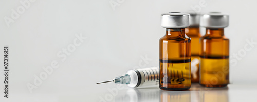 Close-up of four vials filled with a yellow liquid, representing testosterone, trenbolone, and nandrolone steroids, alongside a syringe  photo