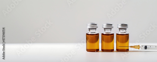 Close-up of four vials filled with a yellow liquid, representing testosterone, trenbolone, and nandrolone steroids, alongside a syringe  photo