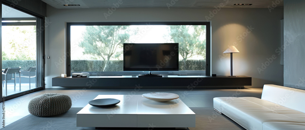 Fototapeta premium Contemporary Minimalist Living Room with Stylish TV Stand and Simple Decor
