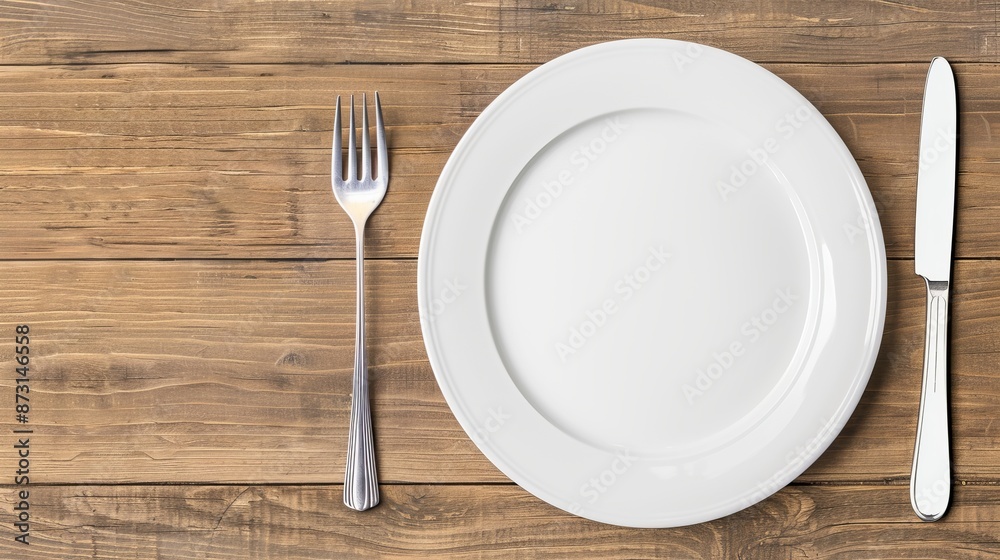 Empty plate set with spoon, fork, and knife, top view on a wooden surface, isolated studio lighting, perfect clarity, high quality for advertising Empty plate set with spoon, fork, and knife, top view on a wooden surface, isolated studio lighting, perfect clarity, high quality for advertising