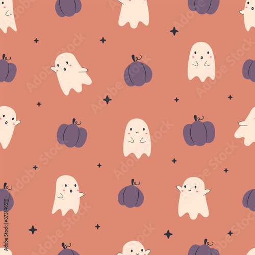 Seamless pattern halloween with cute ghost and pumpkin jack. Orange background. For fabric, textile, wallpaper, wrapping, kids apparel design. Cartoon vector