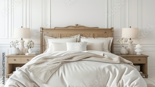 White wooden king bed with bedside tables and lamps on white backdrop photo