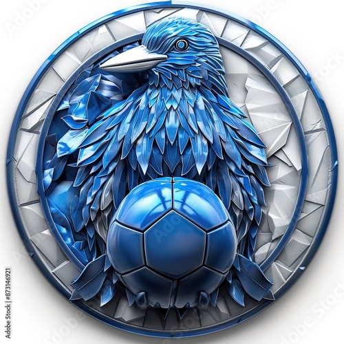 A circular and 3d shield of soccer team in blue color the center should be white Underneath, circled. At the center of it all, a woodpecker bird with a football. no texts, soccer team icon. photo