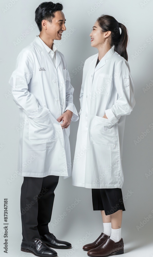 Two people in white lab coats are smiling at the camera Two people in white lab coats are smiling at the camera