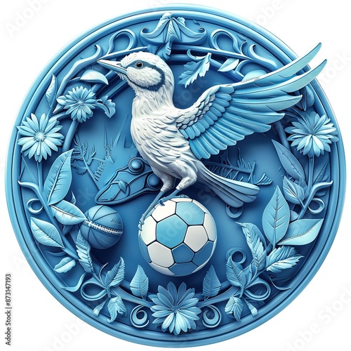 A circular and 3d shield of soccer team in blue color the center should be white Underneath, circled. At the center of it all, a woodpecker bird with a football. no texts, soccer team icon. photo