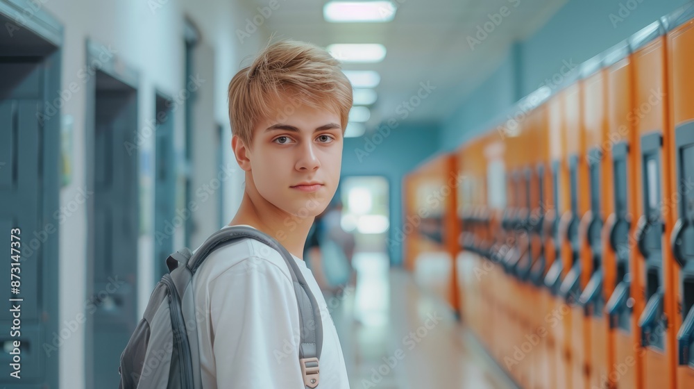 Boy, portrait and hallway as high school student by lockers with books for education, scholarship or campus. Male person, face and learning development with backpack in corridor, academic or study Boy, portrait and hallway as high school student by lockers with books for education, scholarship or campus. Male person, face and learning development with backpack in corridor, academic or study