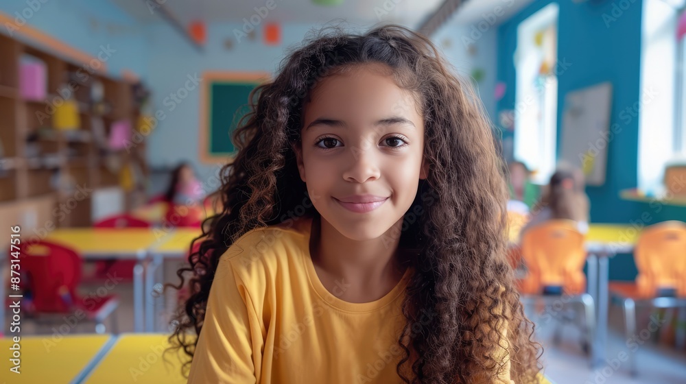 curly girl student in a school class at her desk. The concept of the beginning of the school year, learning, school curly girl student in a school class at her desk. The concept of the beginning of the school year, learning, school
