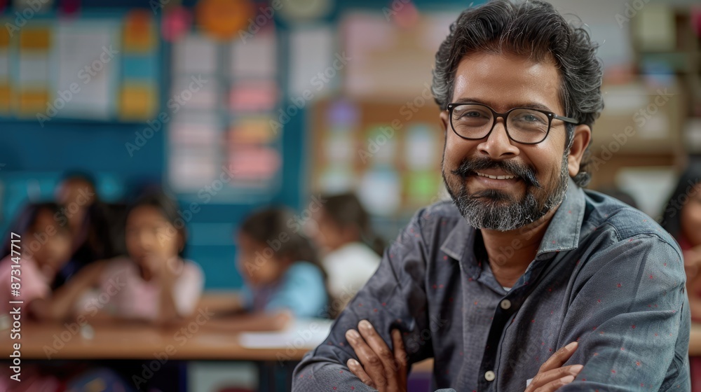 Fototapeta premium Indian teacher in school on classroom background, education, high school and multiethnic people concept