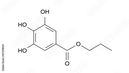 propyl gallate molecule, structural chemical formula, ball-and-stick model, isolated image e310 photo