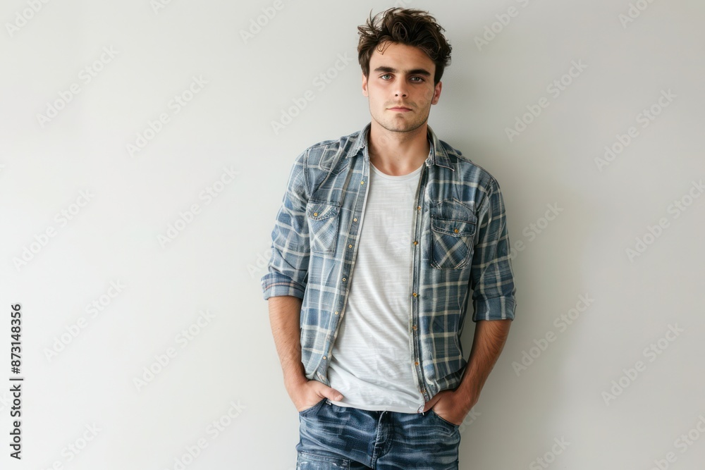 A man in a plaid shirt and jeans is posing for a picture A man in a plaid shirt and jeans is posing for a picture