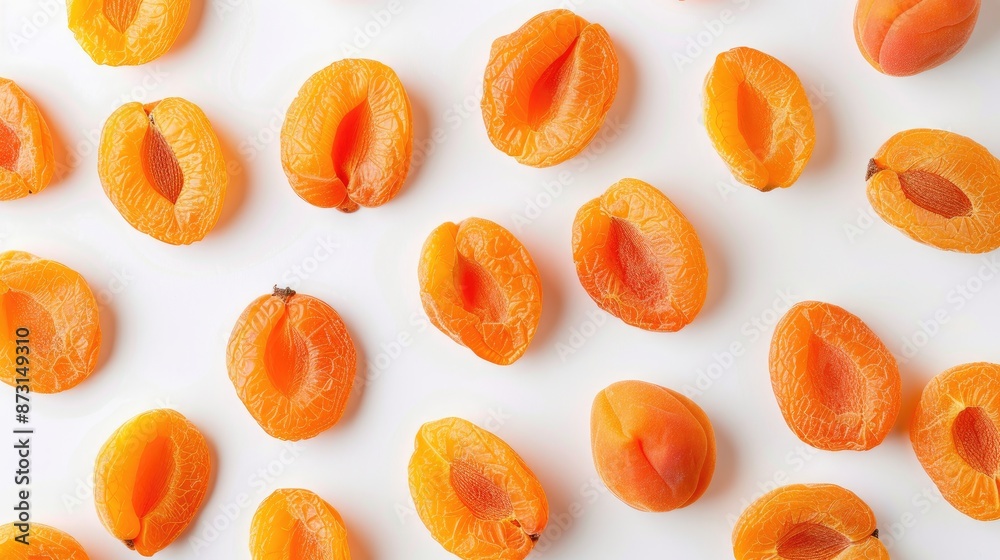 Top view of circular formation of dried apricots on white background Top view of circular formation of dried apricots on white background