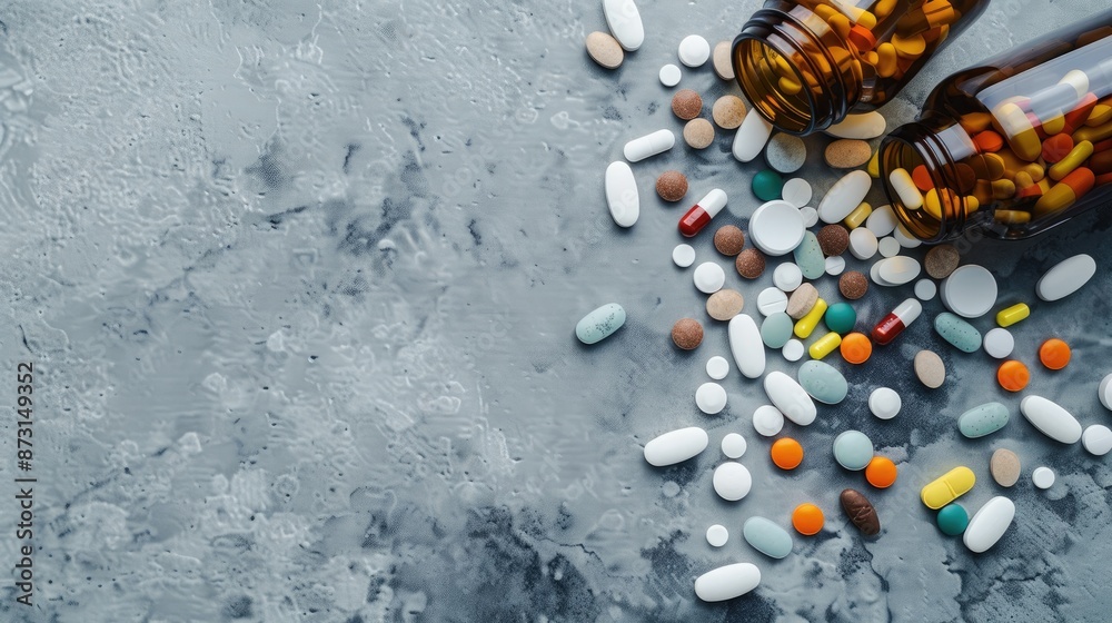 Assorted pharmaceutical pills spilled from bottle with space for text Assorted pharmaceutical pills spilled from bottle with space for text